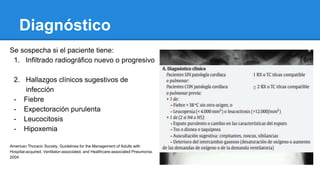 Diagnóstico
Se sospecha si el paciente tiene:
1. Infiltrado radiográfico nuevo o progresivo
2. Hallazgos clínicos sugestivos de
infección
- Fiebre
- Expectoración purulenta
- Leucocitosis
- Hipoxemia
American Thoracic Society. Guidelines for the Management of Adults with
Hospital-acquired, Ventilator-associated, and Healthcare-associated Pneumonia.
2004
 