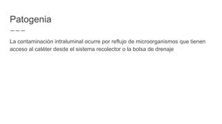 Patogenia
La contaminación intraluminal ocurre por reflujo de microorganismos que tienen
acceso al catéter desde el sistema recolector o la bolsa de drenaje
 