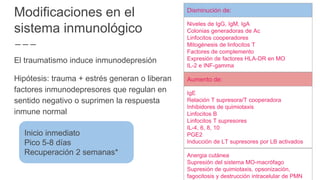 Modificaciones en el
sistema inmunológico
El traumatismo induce inmunodepresión
Hipótesis: trauma + estrés generan o liberan
factores inmunodepresores que regulan en
sentido negativo o suprimen la respuesta
inmune normal
Inicio inmediato
Pico 5-8 días
Recuperación 2 semanas*
Disminución de:
Niveles de IgG, IgM, IgA
Colonias generadoras de Ac
Linfocitos cooperadores
Mitogénesis de linfocitos T
Factores de complemento
Expresión de factores HLA-DR en MO
IL-2 e INF-gamma
Aumento de:
IgE
Relación T supresora/T cooperadora
Inhibidores de quimiotaxis
Linfocitos B
Linfocitos T supresores
IL-4, 6, 8, 10
PGE2
Inducción de LT supresores por LB activados
Anergia cutánea
Supresión del sistema MO-macrófago
Supresión de quimiotaxis, opsonización,
fagocitosis y destrucción intracelular de PMN
 