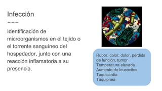 Infección
Identificación de
microorganismos en el tejido o
el torrente sanguíneo del
hospedador, junto con una
reacción inflamatoria a su
presencia.
Rubor, calor, dolor, pérdida
de función, tumor
Temperatura elevada
Aumento de leucocitos
Taquicardia
Taquipnea
 