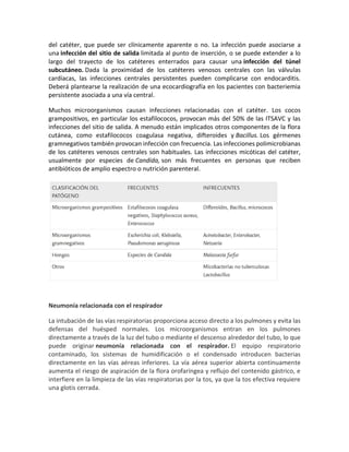 del catéter, que puede ser clínicamente aparente o no. La infección puede asociarse a
una infección del sitio de salida limitada al punto de inserción, o se puede extender a lo
largo del trayecto de los catéteres enterrados para causar una infección del túnel
subcutáneo. Dada la proximidad de los catéteres venosos centrales con las válvulas
cardíacas, las infecciones centrales persistentes pueden complicarse con endocarditis.
Deberá plantearse la realización de una ecocardiografía en los pacientes con bacteriemia
persistente asociada a una vía central.
Muchos microorganismos causan infecciones relacionadas con el catéter. Los cocos
grampositivos, en particular los estafilococos, provocan más del 50% de las ITSAVC y las
infecciones del sitio de salida. A menudo están implicados otros componentes de la flora
cutánea, como estafilococos coagulasa negativa, difteroides y Bacillus. Los gérmenes
gramnegativos también provocan infección con frecuencia. Las infecciones polimicrobianas
de los catéteres venosos centrales son habituales. Las infecciones micóticas del catéter,
usualmente por especies de Candida, son más frecuentes en personas que reciben
antibióticos de amplio espectro o nutrición parenteral.
Neumonía relacionada con el respirador
La intubación de las vías respiratorias proporciona acceso directo a los pulmones y evita las
defensas del huésped normales. Los microorganismos entran en los pulmones
directamente a través de la luz del tubo o mediante el descenso alrededor del tubo, lo que
puede originar neumonía relacionada con el respirador. El equipo respiratorio
contaminado, los sistemas de humidificación o el condensado introducen bacterias
directamente en las vías aéreas inferiores. La vía aérea superior abierta continuamente
aumenta el riesgo de aspiración de la flora orofaríngea y reflujo del contenido gástrico, e
interfiere en la limpieza de las vías respiratorias por la tos, ya que la tos efectiva requiere
una glotis cerrada.
 