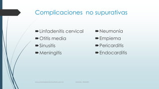 Complicaciones no supurativas
Linfadenitis cervical
Otitis media
Sinusitis
Meningitis
Neumonía
Empiema
Pericarditis
Endocarditis
www.pharmedsolutionsinstitute.com.mx Informes. 36246001
 