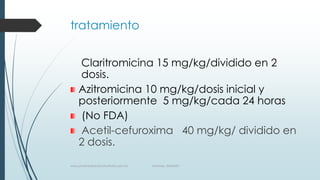 tratamiento
Claritromicina 15 mg/kg/dividido en 2
dosis.
Azitromicina 10 mg/kg/dosis inicial y
posteriormente 5 mg/kg/cada 24 horas
(No FDA)
Acetil-cefuroxima 40 mg/kg/ dividido en
2 dosis.
www.pharmedsolutionsinstitute.com.mx Informes. 36246001
 