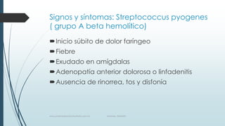 Signos y síntomas: Streptococcus pyogenes
( grupo A beta hemolítico)
Inicio súbito de dolor faríngeo
Fiebre
Exudado en amígdalas
Adenopatía anterior dolorosa o linfadenitis
Ausencia de rinorrea, tos y disfonía
www.pharmedsolutionsinstitute.com.mx Informes. 36246001
 
