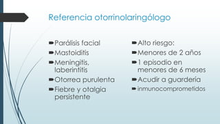 Referencia otorrinolaringólogo
Parálisis facial
Mastoiditis
Meningitis,
laberintitis
Otorrea purulenta
Fiebre y otalgia
persistente
Alto riesgo:
Menores de 2 años
1 episodio en
menores de 6 meses
Acudir a guardería
inmunocomprometidos
 