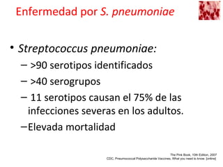 Enfermedad por S. pneumoniae

• Streptococcus pneumoniae:
  – >90 serotipos identificados
  – >40 serogrupos
  – 11 serotipos causan el 75% de las
    infecciones severas en los adultos.
  – Elevada mortalidad

                                                              The Pink Book, 10th Edition, 2007
                     CDC, Pneumococcal Polysaccharide Vaccines, What you need to know. [online]
 
