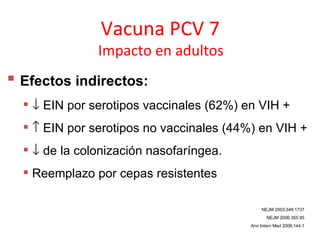 Vacuna PCV 7
               Impacto en adultos
 Efectos indirectos:
   ↓ EIN por serotipos vaccinales (62%) en VIH +
   ↑ EIN por serotipos no vaccinales (44%) en VIH +
   ↓ de la colonización nasofaríngea.
   Reemplazo por cepas resistentes

                                               NEJM 2003;348:1737
                                                 NEJM 2006;355:95
                                          Ann Intern Med 2006;144:1
 