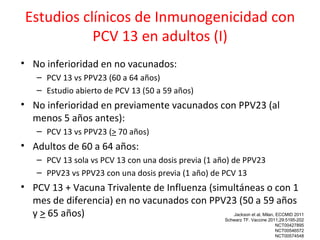 Estudios clínicos de Inmunogenicidad con
            PCV 13 en adultos (I)
• No inferioridad en no vacunados:
    – PCV 13 vs PPV23 (60 a 64 años)
    – Estudio abierto de PCV 13 (50 a 59 años)
• No inferioridad en previamente vacunados con PPV23 (al
  menos 5 años antes):
    – PCV 13 vs PPV23 (> 70 años)
• Adultos de 60 a 64 años:
    – PCV 13 sola vs PCV 13 con una dosis previa (1 año) de PPV23
    – PPV23 vs PPV23 con una dosis previa (1 año) de PCV 13
• PCV 13 + Vacuna Trivalente de Influenza (simultáneas o con 1
  mes de diferencia) en no vacunados con PPV23 (50 a 59 años
  y > 65 años)                                   Jackson et al, Milan, ECCMID 2011
                                              Schwarz TF. Vaccine 2011;29:5195-202
                                                                         NCT00427895
                                                                         NCT00546572
                                                                         NCT00574548
 