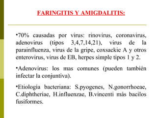 FARINGITIS Y AMIGDALITIS: 70% causadas por virus: rinovirus, coronavirus, adenovirus (tipos 3,4,7,14,21), virus de la parainfluenza, virus de la gripe, coxsackie A y otros enterovirus, virus de EB, herpes simple tipos 1 y 2. Adenovirus: los mas comunes (pueden también infectar la conjuntiva). Etiología bacteriana: S.pyogenes, N.gonorrhoeae, C.diphtheriae, H.influenzae, B.vincenti más bacilos fusiformes. 