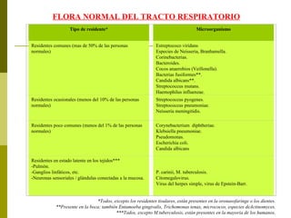 *Todos, excepto los residentes tisulares, estàn presentes en la oronasofaringe o los dientes. **Presente en la boca; tambièn Entamoeba gingivalis, Trichomonas tenax, micrococos, especies deActinomyces. ***Todos, excepto M.tuberculosis, estàn presentes en la mayorìa de los humanos . FLORA NORMAL DEL TRACTO RESPIRATORIO Tipo de residente* Microorganismo Residentes comunes (mas de 50% de las personas normales) Estreptococo viridans Especies de Neisseria, Branhamella. Corinebacterias. Bacteroides. Cocos anaerobios (Veillonella). Bacterias fusiformes**. Candida albicans**. Streptococcus mutans. Haemophilus influenzae. Residentes ocasionales (menos del 10% de las personas normales) Streptococcus pyogenes. Streptococcus pneumoniae. Neisseria meningitidis. Residentes poco comunes (menos del 1% de las personas normales) Corynebacterium  diphtheriae. Klebsiella pneumoniae. Pseudomonas. Escherichia coli. Candida albicans Residentes en estado latente en los tejidos*** -Pulmòn. -Ganglios linfáticos, etc. -Neuronas sensoriales / glándulas conectadas a la mucosa.     P. carinii, M. tuberculosis. Citomegalovirus. Virus del herpes simple, virus de Epstein-Barr. 