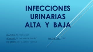 INFECCIONES
URINARIAS
ALTA Y BAJA
MATERIA: NEFROLOGÍA
NOMBRE: SILVYA MARA RIBEIRO MATRICULA: 10983
DOCENTE: DR. GASTÓN TORREZ
 