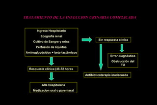 TRATAMIENTO DE LA INFECCION URINARIA COMPLICADA
Ingreso Hospitalario
Ecografía renal
Cultivo de Sangre y orina
Perfusión de líquidos
Aminoglucósidos + beta-lactámicos
Respuesta clínica (48-72 horas
Alta hospitalaria
Medicacion oral o parenteral
Sin respuesta clínica
Error diagnóstico
Obstrucción del
TU
Antibioticoterapia inadecuada
 