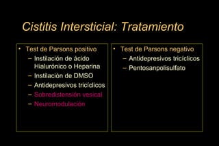 Cistitis Intersticial: Tratamiento
• Test de Parsons positivo
– Instilación de ácido
Hialurónico o Heparina
– Instilación de DMSO
– Antidepresivos tricíclicos
– Sobredistensión vesical
– Neuromodulación
• Test de Parsons negativo
– Antidepresivos tricíclicos
– Pentosanpolisulfato
 