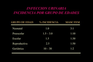 INFECCION URINARIA
INCIDENCIA POR GRUPO DE EDADES
GRUPO DE EDAD % INCIDENCIA MASC/FEM
Neonatal 1.0 3:1
Preescolar 1.5 – 3.0 1:10
Escolar 1.5 1:30
Reproductiva 2.5 1:50
Geriátrica 10 – 30 1:2
 
