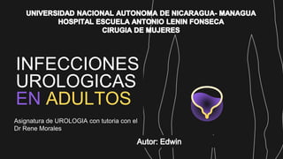 INFECCIONES
UROLOGICAS
EN ADULTOS
Asignatura de UROLOGIA con tutoria con el
Dr Rene Morales
 