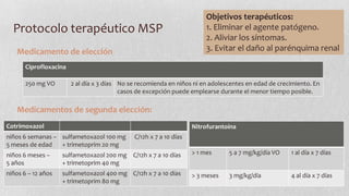 Protocolo terapéutico MSP
Medicamento de elección

Objetivos terapéuticos:
1. Eliminar el agente patógeno.
2. Aliviar los síntomas.
3. Evitar el daño al parénquima renal

Ciprofloxacina
250 mg VO

2 al día x 3 días No se recomienda en niños ni en adolescentes en edad de crecimiento. En
casos de excepción puede emplearse durante el menor tiempo posible.

Medicamentos de segunda elección:
Cotrimoxazol

Nitrofurantoína

niños 6 semanas – sulfametoxazol 100 mg
5 meses de edad
+ trimetoprim 20 mg

C/12h x 7 a 10 días

niños 6 meses –
5 años

sulfametoxazol 200 mg C/12h x 7 a 10 días
+ trimetoprim 40 mg

> 1 mes

5 a 7 mg/kg/día VO

1 al día x 7 días

niños 6 – 12 años

sulfametoxazol 400 mg C/12h x 7 a 10 días
+ trimetoprim 80 mg

> 3 meses

3 mg/kg/día

4 al día x 7 días

 