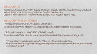 BIBLIOGRAFÍA
KLIEGMAN, Robert; STANTON, Bonita; ST.GEME, Joseph; SCHOR, Nina; BEHRMAN, Richard.
Nelson. Tratado de Pediatría. 19º edición. España: Elsevier. 2013.
Capítulo: Infecciones del Tracto Urinario. ELDER, Jack. Páginas 1900 a 1905.

BIBLIOGRAFÍA ELECTRÓNICA
• “Infección Urinaria". PDF. 3º Edición. ERGON 2011.

Disponible en la Web: http://www.aeped.es/documentos/protocolos-infectologia.
• “Infección Urinaria en niño”. PDF. 2º Edición. 2008.
Disponible en la Web: http://www.aeped.es/sites/default/files/documentos/5_4.pdf
• “Protocolos Terapéuticos Ecuador”. PDF. 2012. Disponible en la Web:
http://www.farmacologiavirtual.org/Descargas/protocoloscompletos/ProtocolosTerapétic
osEcuador2012.pdf

 