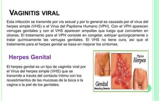 VAGINITIS VIRAL
Esta infección se transmite por vía sexual y por lo general es causada por el virus del
herpes simple (VHS) o el Virus del Papiloma Humano (VPH). Con el VPH aparecen
verrugas genitales y con el VHS aparecen ampollas que luego que convierten en
úlceras. El tratamiento para el VPH consiste en congelar, extirpar quirúrgicamente o
tratar químicamente las verrugas genitales. El VHS no tiene cura, así que el
tratamiento para el herpes genital se basa en mejorar los síntomas.
Herpes Genital
El herpes genital es un tipo de vaginitis viral por
el Virus del herpes simple (VHS) que se
transmite a través del contacto íntimo con los
revestimientos de las mucosas de la boca o la
vagina o la piel de los genitales.
 