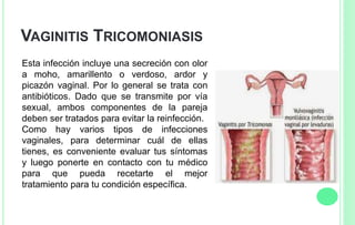 VAGINITIS TRICOMONIASIS
Esta infección incluye una secreción con olor
a moho, amarillento o verdoso, ardor y
picazón vaginal. Por lo general se trata con
antibióticos. Dado que se transmite por vía
sexual, ambos componentes de la pareja
deben ser tratados para evitar la reinfección.
Como hay varios tipos de infecciones
vaginales, para determinar cuál de ellas
tienes, es conveniente evaluar tus síntomas
y luego ponerte en contacto con tu médico
para que pueda recetarte el mejor
tratamiento para tu condición específica.
 