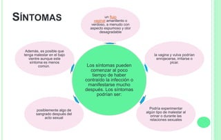 SÍNTOMAS
Los síntomas pueden
comenzar al poco
tiempo de haber
contraído la infección o
manifestarse mucho
después. Los síntomas
podrían ser:
un flujo
vaginal amarillento o
verdoso, a menudo con
aspecto espumoso y olor
desagradable
la vagina y vulva podrían
enrojecerse, irritarse o
picar.
Podría experimentar
algún tipo de malestar al
orinar o durante las
relaciones sexuales
posiblemente algo de
sangrado después del
acto sexual
Además, es posible que
tenga malestar en el bajo
vientre aunque este
síntoma es menos
común.
 