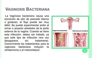 VAGINOSIS BACTERIANA
La Vaginosis bacteriana causa una
secreción de olor de pescado blanco
o grisáceo, el flujo puede ser muy
débil. Se puede experimentar ardor al
orinar o picazón alrededor de la parte
externa de la vagina. Cuando se tiene
esta infección, debes ser tratada, ya
que este tipo de infección rara vez
desaparece sin tratamiento.
Comúnmente los tratamientos para la
vaginosis bacteriana incluyen la
clindamicina o el metronidazol.
 