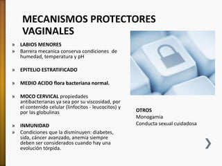 MECANISMOS PROTECTORES
    VAGINALES
» LABIOS MENORES
» Barrera mecanica conserva condiciones de
  humedad, temperatura y pH

» EPITELIO ESTRATIFICADO

» MEDIO ACIDO flora bacteriana normal.

» MOCO CERVICAL propiedades
  antibacterianas ya sea por su viscosidad, por
  el contenido celular (linfocitos - leucocitos) y
  por las globulinas                                 OTROS
                                                     Monogamia
» INMUNIDAD                                          Conducta sexual cuidadosa
» Condiciones que la disminuyen: diabetes,
  sida, cáncer avanzado, anemia siempre
  deben ser considerados cuando hay una
  evolución tórpida.
 