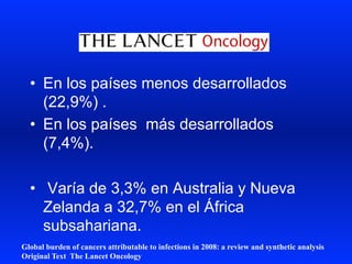•  En los países menos desarrollados
(22,9%) .
•  En los países más desarrollados
(7,4%).
•  Varía de 3,3% en Australia y Nueva
Zelanda a 32,7% en el África
subsahariana.
Global burden of cancers attributable to infections in 2008: a review and synthetic analysis
Original Text The Lancet Oncology
 