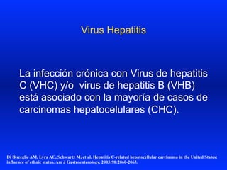 Virus Hepatitis
La infección crónica con Virus de hepatitis
C (VHC) y/o virus de hepatitis B (VHB)
está asociado con la mayoría de casos de
carcinomas hepatocelulares (CHC).
Di Bisceglie AM, Lyra AC, Schwartz M, et al. Hepatitis C-related hepatocellular carcinoma in the United States:
influence of ethnic status. Am J Gastroenterology. 2003;98:2060-2063.
 