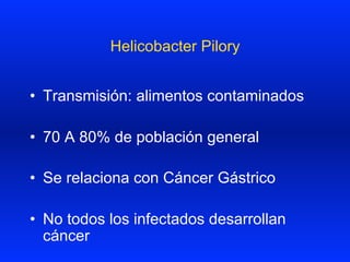 Helicobacter Pilory
•  Transmisión: alimentos contaminados
•  70 A 80% de población general
•  Se relaciona con Cáncer Gástrico
•  No todos los infectados desarrollan
cáncer
 