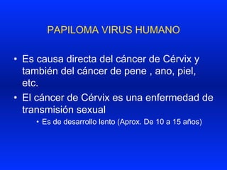 PAPILOMA VIRUS HUMANO
•  Es causa directa del cáncer de Cérvix y
también del cáncer de pene , ano, piel,
etc.
•  El cáncer de Cérvix es una enfermedad de
transmisión sexual
•  Es de desarrollo lento (Aprox. De 10 a 15 años)
 