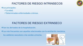 FACTORES DE RIESGO INTRINSECOS
Los principales:
La edad;
Determinadas enfermedades crónicas.
FACTORES DE RIESGO EXTRINSECO
Son los derivados de la hospitalización.
Las más frecuentes son aquellas relacionadas con la ventilación mecánica,
los catéteres vasculares o las sondas urinarias.
 
