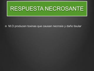 RESPUESTA NECROSANTE
M.O producen toxinas que causan necrosis y daño tisular
 