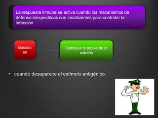 • cuando desaparece el estímulo antigénico.
La respuesta inmune se activa cuando los mecanismos de
defensa inespecíficos son insuficientes para controlar la
infección
Basado
en
Distinguir lo propio de lo
extraño
 