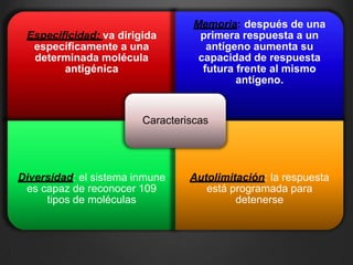Especificidad: va dirigida
específicamente a una
determinada molécula
antigénica
Memoria: después de una
primera respuesta a un
antígeno aumenta su
capacidad de respuesta
futura frente al mismo
antígeno.
Diversidad: el sistema inmune
es capaz de reconocer 109
tipos de moléculas
Autolimitación: la respuesta
está programada para
detenerse
Caracteriscas
 