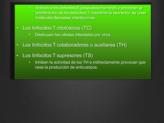 • Activan a los linfocitos B (respuesta humoral) y provocan la
proliferación de los linfocitos T mediante la secreción de unas
moléculas llamadas interleucinas.
• Los linfocitos T citotóxicos (TC)
• Destruyen las células infectadas por virus.
• Los linfocitos T colaboradores o auxiliares (TH)
• Los linfocitos T supresores (TS)
• Inhiben la actividad de los TH e indirectamente provocan que
cese la producción de anticuerpos.
 