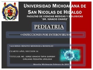 *ALUMNO: BENITO MENDOZA BONFILIO
CUARTO AÑO, SECCION 14
*TITULAR: MC. JORGE IGNACIO TAPIA GARIBAY
CIRUJANO PEDIATRA UROLOGO
Morelia Michoacán Febrero de 2015
UNIVERSIDAD MICHOACANA DE
SAN NICOLAS DE HIDALGO
FACULTAD DE CIENCIAS MEDICAS Y BIOLOGICAS
¨DR. IGNACIO CHAVEZ¨
PEDIATRIA
<<INFECCIONES POR ENTEROVIRUS>>
 