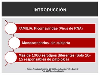 FAMILIA: Picornaviridae (Virus de RNA)
Monocatenarios, sin cubierta
Más de 1000 serotipos diferentes (Sólo 10-
15 responsables de patología)
INTRODUCCIÓN
Nelson. «Tratado de Pediatría» 19ª Ed. Elsevier Saunders Vol. 1 Cap. 242
Pags 1137. Barcelona, España
 