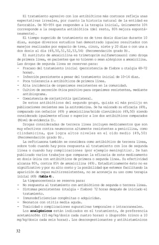 El tratamiento agresivo con los antibióticos más costosos refleja unas
expectativas irreales, por cuanto la historia natural de la entidad es
favorable. De 90-95% que responden a la terapia inicial, únicamente 10%
corresponde a la respuesta antibiótica (del resto, 80% mejora espontá-
neamente).
   El tiempo sugerido de tratamiento es de tres dosis diarias durante 10
días, aunque diversos estudios han demostrado iguales resultados con
manejos realizados por espacio de tres, cinco, siete y 20 días o con una a
dos dosis al día (49,50,51,52,53,54) (Recomendación grado B).
   El sustituto de amoxicilina es trimetoprim sulfametoxazol como droga
de primera línea, en pacientes que no toleren o sean alérgicos a amoxicilina.
Las drogas de segunda línea se reservan para:
- Fracaso del tratamiento inicial (persistencia de fiebre u otalgia 48-72
   horas).
- Infección persistente a pesar del tratamiento inicial de 10-14 días.
- Poca tolerancia a antibióticos de primera línea.
- Alta incidencia de organismos resistentes en la comunidad.
- Cultivo de secreción ótica positivo para organismos resistentes, mediante
   antibiograma.
- Coexistencia de conjuntivitis ipsilateral.
   De estos antibióticos del segundo grupo, quizás el más prolijo en
publicaciones recientes sea la azitromicina. Se ha valorado su eficacia (49),
comparado con cefaclor (49) y amoxicilina/ácido clavulánico (49,50) siendo
considerado igualmente eficaz o superior a los dos antibióticos comparados
(Nivel de evidencia I).
   Drogas consideradas de tercera línea incluyen medicamentos que son
muy efectivos contra neumococos altamente resistentes a penicilina, como
clindamicina, que logra altos niveles en el oído medio (49,50)
(Recomendación grado B).
   La ceftriaxona también se considera como antibiótico de tercera línea,
sobre todo cuando hay poca respuesta al tratamiento con los de segunda
línea o cuando hay complicaciones (por ejemplo meningitis). Se han
publicado varios trabajos que comparan la eficacia de este medicamento
en dosis única con antibióticos de primera o segunda línea. Su efectividad
alcanza 80%, contra 85% de amoxicilina (49). Estadísticamente ésto no es
significativo y por su alto costo y la posibilidad que estemos facilitando la
aparición de cepas multirresistentes, no se aconseja su uso como terapia
inicial (49) (tabla 4).
   La timpanocentesis se reserva para:
- No respuesta al tratamiento con antibióticos de segunda o tercera línea.
- Síntomas persistentes (otalgia - fiebre) 72 horas después de iniciado el
   tratamiento.
- Inmunodeficiencias congénitas o adquiridas.
- Neonatos con otitis media aguda.
- Toxicidad o complicaciones supurativas temporales o intracraneales.
   Los analgésicos están indicados en el tratamiento, de preferencia
acetaminofén (15 mg/kg/dosis cada cuatro horas) o ibuprofén (cinco a 10
mg/kg/dosis cada seis horas). Los descongestionantes y antihistamínicos


32
 