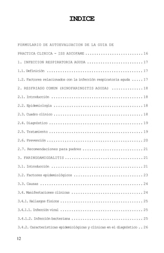 INDICE


FORMULARIO DE AUTOEVALUACION DE LA GUIA DE

PRACTICA CLINICA - ISS ASCOFAME .......................... 16

1. INFECCION RESPIRATORIA AGUDA ......................... 17

1.1. Definición ........................................... 17

1.2. Factores relacionados con la infección respiratoria aguda ..... 17

2. RESFRIADO COMUN (RINOFARINGITIS AGUDA) .............. 18

2.1. Introducción ......................................... 18

2.2. Epidemiología ........................................ 18

2.3. Cuadro clínico ........................................ 18

2.4. Diagnóstico .......................................... 19

2.5. Tratamiento .......................................... 19

2.6. Prevención ........................................... 20

2.7. Recomendaciones para padres ........................... 21

3. FARINGOAMIGDALITIS ................................... 21

3.1. Introducción ......................................... 21

3.2. Factores epidemiológicos ............................... 23

3.3. Causas .............................................. 24

3.4. Manifestaciones clínicas ................................ 24

3.4.1. Hallazgos físicos ..................................... 25

3.4.1.1. Infección viral ..................................... 25

3.4.1.2. Infección bacteriana ................................ 25

3.4.2. Características epidemiológicas y clínicas en el diagnóstico .. 26


12
 