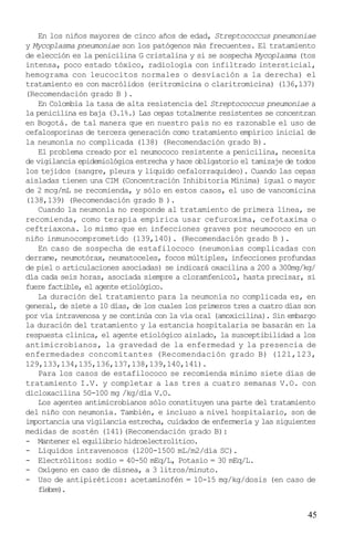 En los niños mayores de cinco años de edad, Streptococcus pneumoniae
y Mycoplasma pneumoniae son los patógenos más frecuentes. El tratamiento
de elección es la penicilina G cristalina y si se sospecha Mycoplasma (tos
intensa, poco estado tóxico, radiología con infiltrado intersticial,
hemograma con leucocitos normales o desviación a la derecha) el
tratamiento es con macrólidos (eritromicina o claritromicina) (136,137)
(Recomendación grado B ).
    En Colombia la tasa de alta resistencia del Streptococcus pneumoniae a
la penicilina es baja (3.1%.) Las cepas totalmente resistentes se concentran
en Bogotá. de tal manera que en nuestro país no es razonable el uso de
cefalosporinas de tercera generación como tratamiento empírico inicial de
la neumonía no complicada (138) (Recomendación grado B).
    El problema creado por el neumococo resistente a penicilina, necesita
de vigilancia epidemiológica estrecha y hace obligatorio el tamizaje de todos
los tejidos (sangre, pleura y líquido cefalorraquídeo). Cuando las cepas
aisladas tienen una CIM (Concentración Inhibitoria Mínima) igual o mayor
de 2 mcg/mL se recomienda, y sólo en estos casos, el uso de vancomicina
(138,139) (Recomendación grado B ).
    Cuando la neumonía no responde al tratamiento de primera línea, se
recomienda, como terapia empírica usar cefuroxima, cefotaxima o
ceftriaxona. lo mismo que en infecciones graves por neumococo en un
niño inmunocomprometido (139,140). (Recomendación grado B ).
    En caso de sospecha de estafilococo (neumonías complicadas con
derrame, neumotórax, neumatoceles, focos múltiples, infecciones profundas
de piel o articulaciones asociadas) se indicará oxacilina a 200 a 300mg/kg/
día cada seis horas, asociada siempre a cloramfenicol, hasta precisar, si
fuere factible, el agente etiológico.
    La duración del tratamiento para la neumonía no complicada es, en
general, de siete a 10 días, de los cuales los primeros tres a cuatro días son
por vía intravenosa y se continúa con la vía oral (amoxicilina). Sin embargo
la duración del tratamiento y la estancia hospitalaria se basarán en la
respuesta clínica, el agente etiológico aislado, la susceptibilidad a los
antimicrobianos, la gravedad de la enfermedad y la presencia de
enfermedades concomitantes (Recomendación grado B) (121,123,
129,133,134,135,136,137,138,139,140,141).
    Para los casos de estafilococo se recomienda mínimo siete días de
tratamiento I.V. y completar a las tres a cuatro semanas V.O. con
dicloxacilina 50-100 mg /kg/día V.O.
    Los agentes antimicrobianos sólo constituyen una parte del tratamiento
del niño con neumonía. También, e incluso a nivel hospitalario, son de
importancia una vigilancia estrecha, cuidados de enfermería y las siguientes
medidas de sostén (141)(Recomendación grado B):
- Mantener el equilibrio hidroelectrolítico.
- Líquidos intravenosos (1200-1500 mL/m2/día SC).
- Electrólitos: sodio = 40-50 mEq/L, Potasio = 30 mEq/L.
- Oxígeno en caso de disnea, a 3 litros/minuto.
- Uso de antipiréticos: acetaminofén = 10-15 mg/kg/dosis (en caso de
    fiebre).


                                                                           45
 