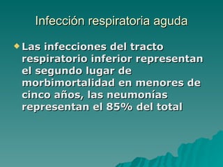Infección  respiratoria aguda Las infecciones del tracto respiratorio inferior representan el segundo lugar de morbimortalidad en menores de cinco años, las neumonías representan el 85% del total 
