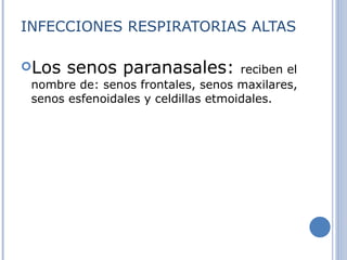 INFECCIONES RESPIRATORIAS ALTAS Los senos paranasales:  reciben el nombre de: senos frontales, senos maxilares, senos esfenoidales y celdillas etmoidales.  