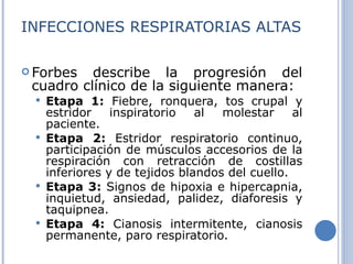 INFECCIONES RESPIRATORIAS ALTAS Forbes describe la progresión del cuadro clínico de la siguiente manera: Etapa 1:  Fiebre, ronquera, tos crupal y estridor inspiratorio al molestar al paciente. Etapa 2:  Estridor respiratorio continuo, participación de músculos accesorios de la respiración con retracción de costillas inferiores y de tejidos blandos del cuello. Etapa 3:  Signos de hipoxia e hipercapnia, inquietud, ansiedad, palidez, diaforesis y taquipnea. Etapa 4:  Cianosis intermitente, cianosis permanente, paro respiratorio. 