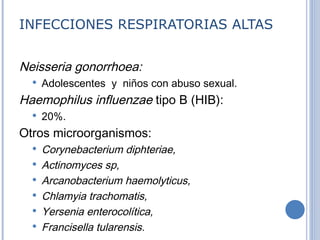 INFECCIONES RESPIRATORIAS ALTAS Neisseria gonorrhoea:  Adolescentes  y  niños con abuso sexual . Haemophilus influenzae  tipo B (HIB):  20%. Otros microorganismos:   Corynebacterium diphteriae,  Actinomyces sp,  Arcanobacterium haemolyticus,  Chlamyia trachomatis,  Yersenia enterocolítica,  Francisella tularensis. 
