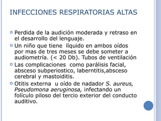 INFECCIONES RESPIRATORIAS ALTAS Perdida de la audición moderada y retraso en el desarrollo del lenguaje. Un niño que tiene  líquido en ambos oídos por mas de tres meses se debe someter a audiometría. (< 20 Db). Tubos de ventilación  Las complicaciones  como parálisis facial, absceso subperiostico, laberntitis,absceso cerebral y mastoiditis. Otitis externa  u oído de nadador  S. aureus, Pseudomona aeruginosa,  infectando un folículo piloso del tercio exterior del conducto auditivo. 