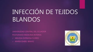 INFECCIÓN DE TEJIDOS
BLANDOS
UNIVERSIDAD CENTRAL DEL ECUADOR
POSTGRADO MEDICINA INTERNA
 MELISSA ESPINOSA FLORES
 MARIA ISABEL BRAVO
 