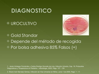 UROCULTIVO Gold Standar  Depende del método de recogida Por bolsa adhesiva 85% Falsos (+) 1.  Javier Arístegui Fernández y Carlos Rodrigo Gonzalo de Liria, Infección Urinaria, Cap. 19, Protocolos Diagnósticos y Terapéuticos en Pediatría , Infectologia, 2005, Págs: 127 - 135 2. Álvaro Iván Narváez Gómez, Infección de Vías Urinarias en Niños. Junio 1 de 2005, Pags: 1 - 11 