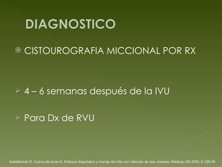 CISTOUROGRAFIA MICCIONAL POR RX 4 – 6 semanas después de la IVU Para Dx de RVU Gastelbondo R, Cuervo de torres E. Enfoque diagnóstico y manejo del niño con infección de vias urinarias, Médicas UIS 2005; 9: 229-40 