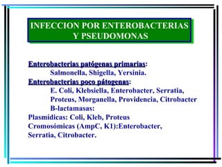 INFECCION POR ENTEROBACTERIAS
 INFECCION POR ENTEROBACTERIAS
         Y PSEUDOMONAS
         Y PSEUDOMONAS


Enterobacterias patógenas primarias:
                             primarias
       Salmonella, Shigella, Yersinia.
Enterobacterias poco pátogenas:
                       pátogenas
       E. Coli, Klebsiella, Enterobacter, Serratia,
       Proteus, Morganella, Providencia, Citrobacter
       B-lactamasas:
Plasmídicas: Coli, Kleb, Proteus
Cromosómicas (AmpC, K1):Enterobacter,
Serratia, Citrobacter.
 