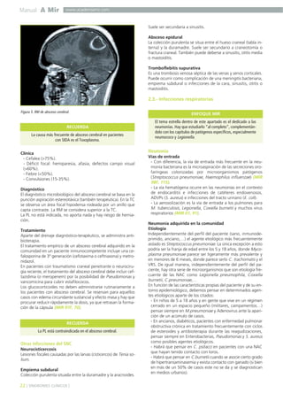 Manual A Mir
22 ] SÍNDROMES CLÍNICOS [
www.academiamir.com
Clínica
- Cefalea (>75%).
- Déficit focal: hemiparesia, afasia, defectos campo visual
(>60%).
- Fiebre (<50%).
- Convulsiones (15-35%).
Diagnóstico
El diagnóstico microbiológico del absceso cerebral se basa en la
punción aspiración estereotáxica (también terapéutica). En la TC
se observa un área focal hipodensa rodeada por un anillo que
capta contraste. La RM se considera superior a la TC.
La PL no está indicada, no aporta nada y hay riesgo de hernia-
ción.
Tratamiento
Aparte del drenaje diagnóstico-terapéutico, se administra anti-
bioterapia.
El tratamiento empírico de un absceso cerebral adquirido en la
comunidad en un paciente inmunocompetente incluye una ce-
falosporina de 3º generación (cefotaxima o ceftriaxona) y metro-
nidazol.
En pacientes con traumatismo craneal penetrante o neurociru-
gía reciente, el tratamiento del absceso cerebral debe incluir cef-
tazidima (o meropenem) por la posibilidad de Pseudomonas y
vancomicina para cubrir estafilococos.
Los glucocorticoides no deben administrarse rutinariamente a
los pacientes con absceso cerebral. Se reservan para aquellos
casos con edema circundante sustancial y efecto masa y hay que
procurar reducir rápidamente la dosis, ya que retrasan la forma-
ción de la cápsula (MIR 97F, 70).
Otras infecciones del SNC
Neurocisticercosis
Lesiones focales causadas por las larvas (cisticercos) de Tenia so-
lium.
Empiema subdural
Colección purulenta situada entre la duramadre y la aracnoides.
Suele ser secundaria a sinusitis.
Absceso epidural
La colección purulenta se situa entre el hueso craneal (tabla in-
terna) y la duramadre. Suele ser secundario a craneotomía o
fractura craneal. También puede deberse a sinusitis, otitis media
o mastoiditis.
Tromboflebitis supurativa
Es una trombosis venosa séptica de las venas y senos corticales.
Puede ocurrir como complicación de una meningitis bacteriana,
empiema subdural o infecciones de la cara, sinusitis, otitis o
mastoiditis.
2.3.- Infecciones respiratorias
Neumonía
Vías de entrada
- Con diferencia, la vía de entrada más frecuente en la neu-
monía bacteriana es la microaspiración de las secreciones oro-
faríngeas colonizadas por microorganismos patógenos
(Streptococcus pneumoniae, Haemophilus influenzae) (MIR
98F, 115).
- La vía hematógena ocurre en las neumonías en el contexto
de endocarditis e infecciones de catéteres endovenosos,
ADVPs (S. aureus) e infecciones del tracto urinario (E. coli).
- La aerosolización es la vía de entrada a los pulmones para
M. tuberculosis, Legionella, Coxiella burnetii y muchos virus
respiratorios (MIR 01, 91).
Neumonía adquirida en la comunidad
Etiología
Independientemente del perfil del paciente (sano, inmunode-
primido, anciano,…) el agente etiológico más frecuentemente
aislado es Streptococcus pneumoniae. La única excepción a esto
podría ser la franja de edad entre los 5 y 18 años, donde Myco-
plasma pneumoniae parece ser ligeramente más prevalente y
en menores de 6 meses, donde parece serlo C. trachomatis y el
VRS. De igual manera, independientemente del perfil del pa-
ciente, hay otra serie de microorganismos que son etiología fre-
cuente de las NAC como Legionella pneumophila, Coxiella
burnetii, C.pneumoniae,…
En función de las características propias del paciente y de su en-
torno epidemiológico, debemos pensar en determinados agen-
tes etiológicos aparte de los citados:
- En niños de 5 a 18 años y en gente que vive en un régimen
cerrado en un espacio pequeño (militares, campamentos…)
pensar siempre en M.pneumoniae y Adenovirus ante la apari-
ción de un acúmulo de casos.
- En ancianos, diabéticos, pacientes con enfermedad pulmonar
obstructiva crónica en tratamiento frecuentemente con ciclos
de esteroides y antibioterapia durante las reagudizaciones,
pensar siempre en Enterobacterias, Pseudomonas y S. aureus
como posibles agentes etiológicos.
- Habrá que pensar en C. psitacci en pacientes con una NAC
que hayan tenido contacto con loros.
- Habrá que pensar en C.burnetii cuando se asocie cierto grado
de hipertransaminasemia y exista contacto con ganado (si bien
en más de un 50% de casos este no se da y se diagnostican
en medios urbanos).
Figura 5. RM de absceso cerebral.
La causa más frecuente de absceso cerebral en pacientes
con SIDA es el Toxoplasma.
RECUERDA
La PL está contraindicada en el absceso cerebral.
RECUERDA
El tema estrella dentro de este apartado es el dedicado a las
neumonías. Hay que estudiarlo “al completo”, complementán-
dolo con los capítulos de patógenos específicos, especialmente
neumococo y Legionella.
ENFOQUE MIR
 